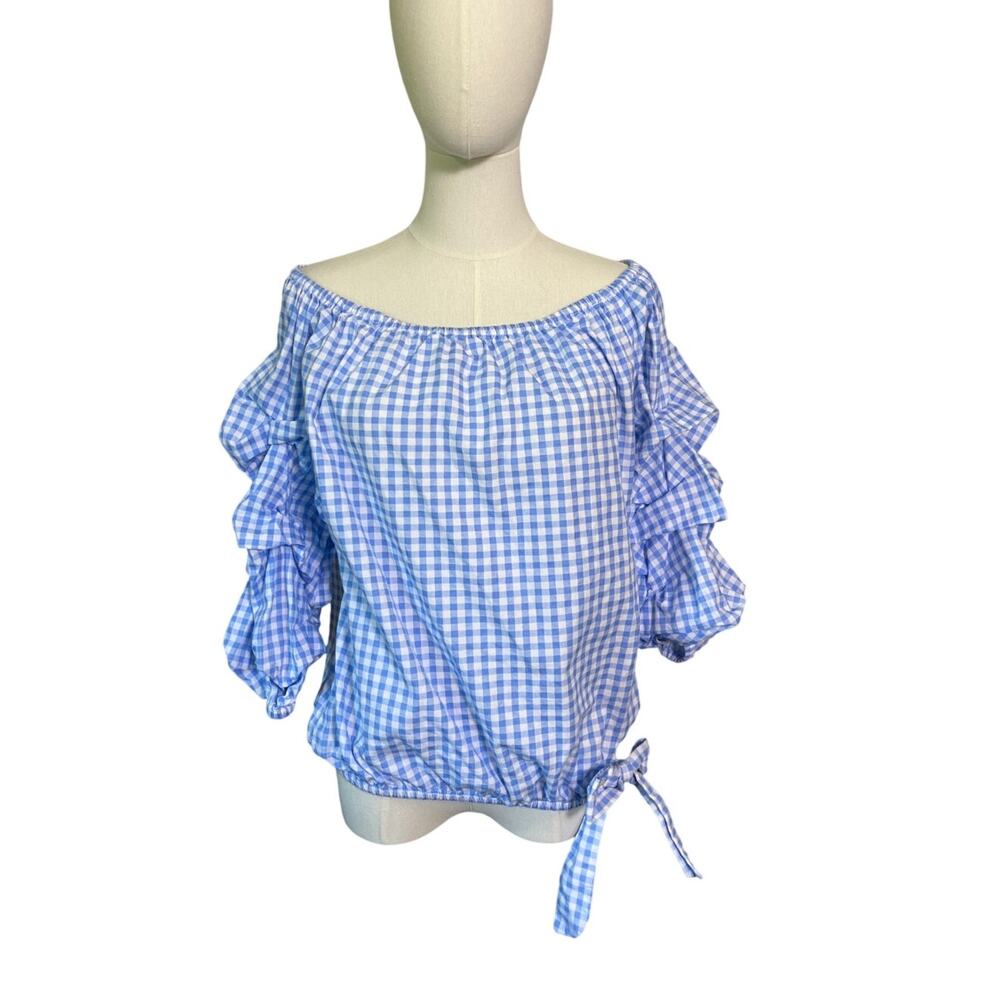 CeCe Blue White Gingham Off Shoulder Blouse M Ruffle Sleeve Tie Hem Cotton Top